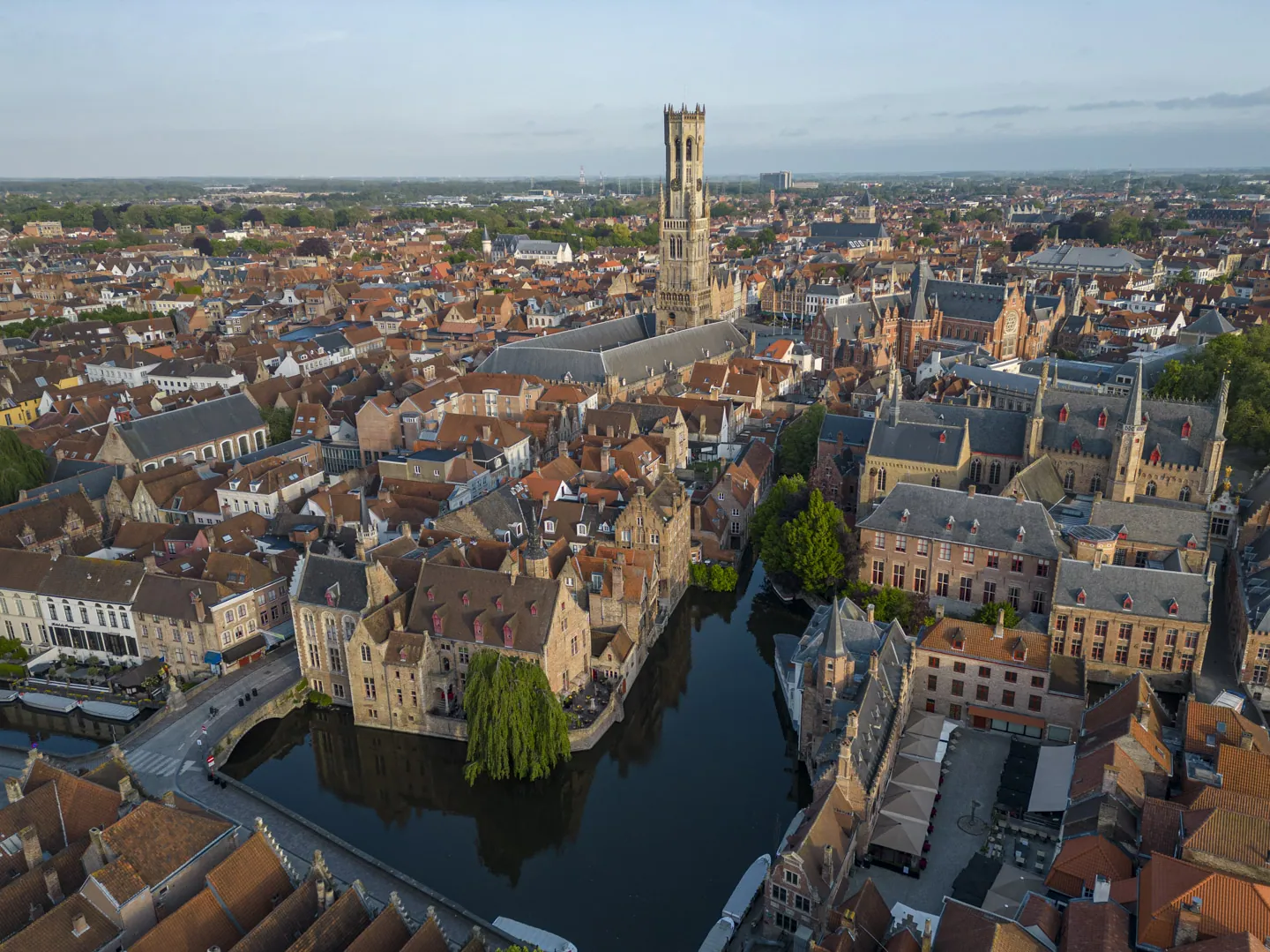 Drone view from the Rosary Quay, Bruges