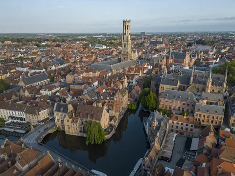Drone view from the Rosary Quay, Bruges