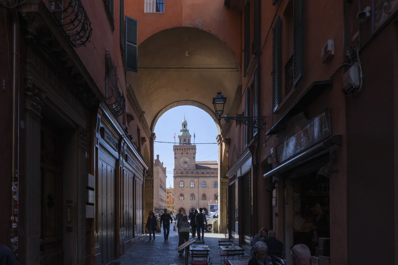 Looking out of the Quadrilatero to the Piazza Maggiore, Bologna