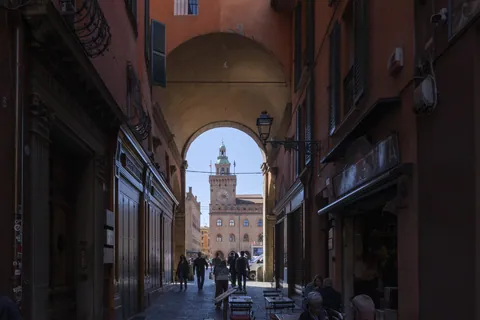 Looking out of the Quadrilatero to the Piazza Maggiore, Bologna